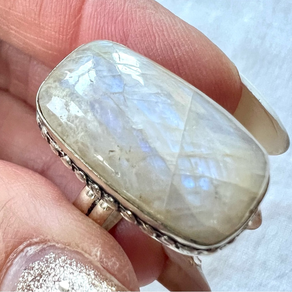925 *flaw* Blue Flash PEACH MOONSTONE Ring 7.5 - Picture 4 of 12